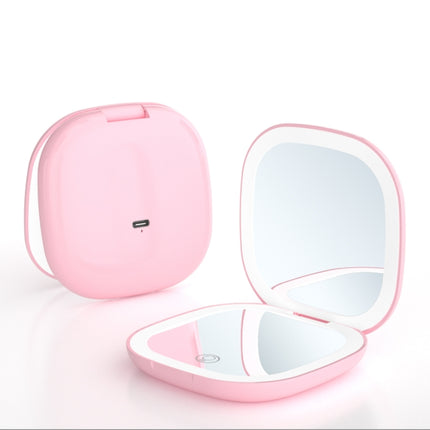 2-piece Pink Portable LED Makeup Mirror - Rechargeable Compact with 3-Color Lights & 5x Magnification.