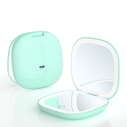 2-piece Green Portable LED Makeup Mirror - Rechargeable Compact with 3-Color Lights & 5x Magnification.