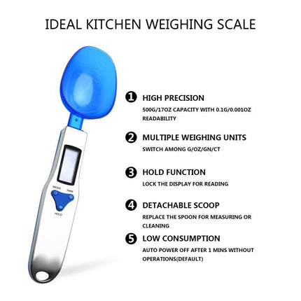 Blue High Precision Digital Spoon Scale - Electronic Measuring Scoop with 3 Heads for Kitchen & Baking(300g).