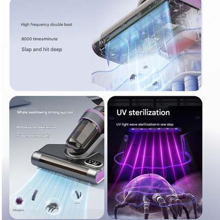 Purple Advanced Cordless UV-C Dust Mite Vacuum - Handheld Cleaner with Hot Air, Pulsating Pads & LED Display.