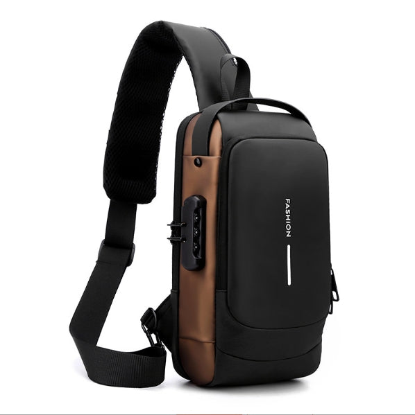 Black Gold Modern Anti-Theft Sling Bag for Men - Crossbody Backpack with USB Port & Combination Lock.