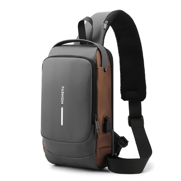 Gray Gold Modern Anti-Theft Sling Bag for Men - Crossbody Backpack with USB Port & Combination Lock.