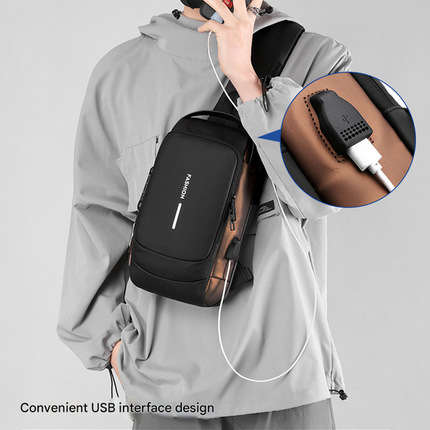 Gray Gold Modern Anti-Theft Sling Bag for Men - Crossbody Backpack with USB Port & Combination Lock.