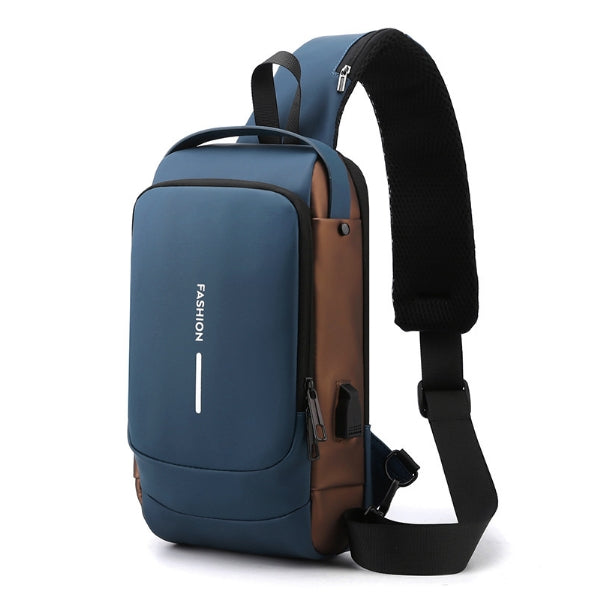Blue Modern Anti-Theft Sling Bag for Men - Crossbody Backpack with USB Port & Combination Lock.