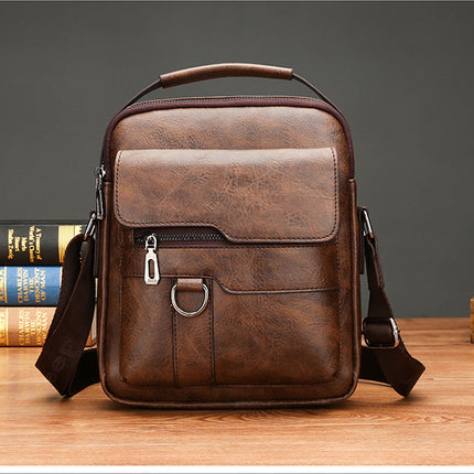 Dark Brown Men's Vintage Crossbody Bag - PU Leather Business Casual Shoulder Messenger Bag for iPad.