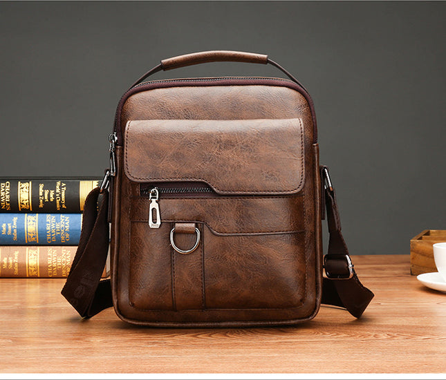 Dark Brown Men's Vintage Crossbody Bag - PU Leather Business Casual Shoulder Messenger Bag for iPad.