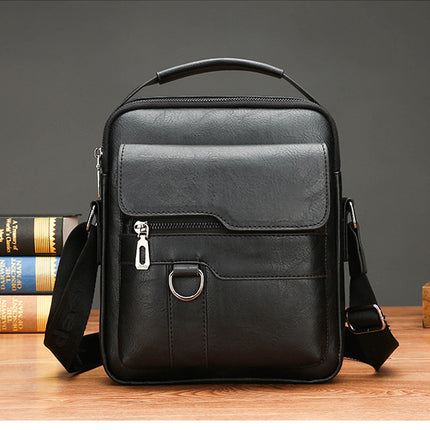 Black Men's Vintage Crossbody Bag - PU Leather Business Casual Shoulder Messenger Bag for iPad.