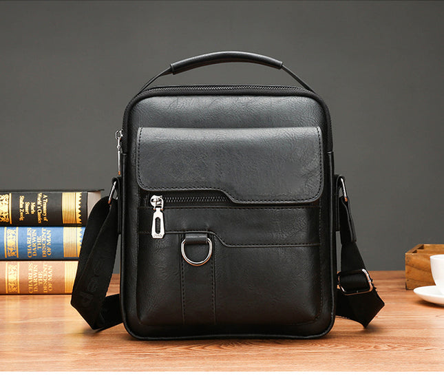 Black Men's Vintage Crossbody Bag - PU Leather Business Casual Shoulder Messenger Bag for iPad.
