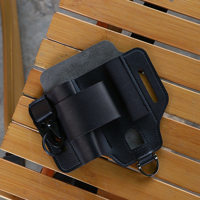 2-piece Black Outdoor EDC Tactical Tool Waist Bag - Multi-Functional Belt Storage Pouch with Flashlight, Copper Sleeve, and Survival Knife Holder.