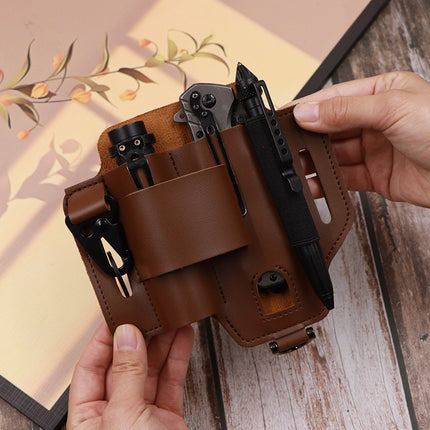 2-piece Black Outdoor EDC Tactical Tool Waist Bag - Multi-Functional Belt Storage Pouch with Flashlight, Copper Sleeve, and Survival Knife Holder.