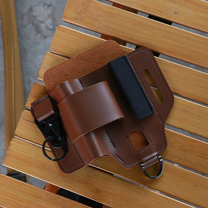2-piece Brown Outdoor EDC Tactical Tool Waist Bag - Multi-Functional Belt Storage Pouch with Flashlight, Copper Sleeve, and Survival Knife Holder.