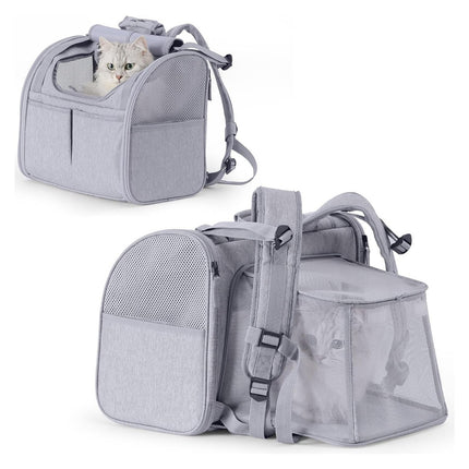 Grey Expandable Breathable Outdoor Portable Large Space Cat Backpack - Pet Carrier for Cats and Dogs.