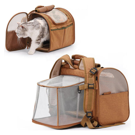 Brown Expandable Breathable Outdoor Portable Large Space Cat Backpack - Pet Carrier for Cats and Dogs.