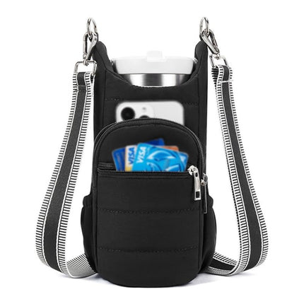 Black Women's Crossbody Water Bottle Bag-Perfect for Hiking and Cycling.