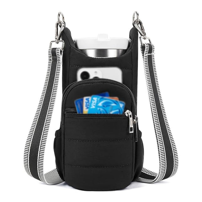 Black Women's Crossbody Water Bottle Bag-Perfect for Hiking and Cycling.