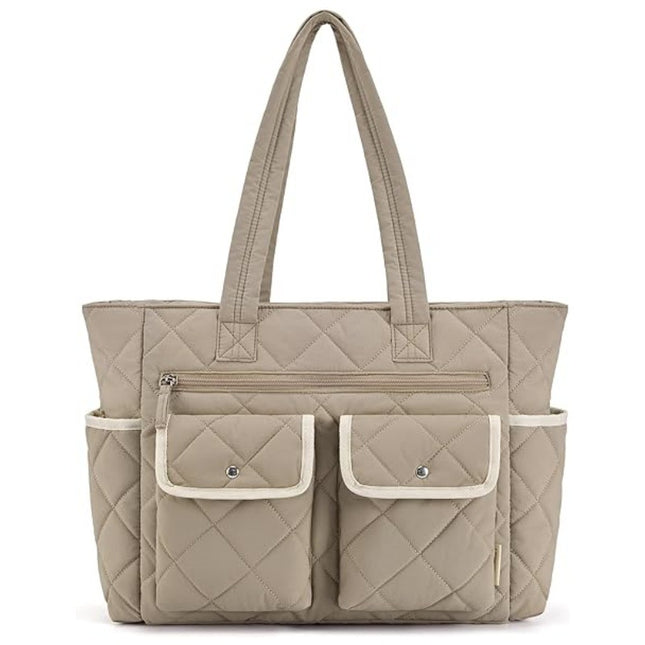 Grayish-brown Women's Multi-Pocket Tote Bag - Large Quilted Travel Handbag for Work, Gym, and More.