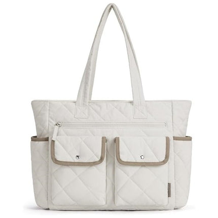 Beige Women's Multi-Pocket Tote Bag - Large Quilted Travel Handbag for Work, Gym, and More.