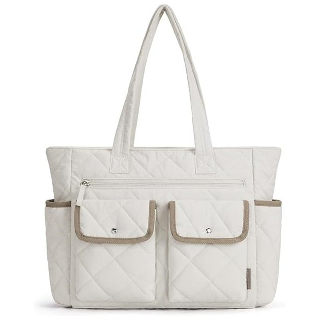 Beige Women's Multi-Pocket Tote Bag - Large Quilted Travel Handbag for Work, Gym, and More.