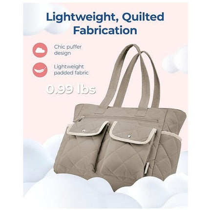 Beige Women's Multi-Pocket Tote Bag - Large Quilted Travel Handbag for Work, Gym, and More.