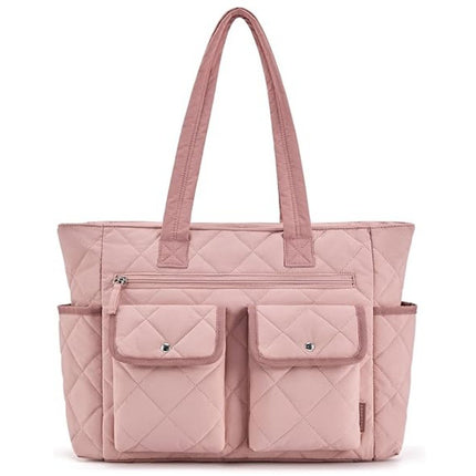 Pink Women's Multi-Pocket Tote Bag - Large Quilted Travel Handbag for Work, Gym, and More.