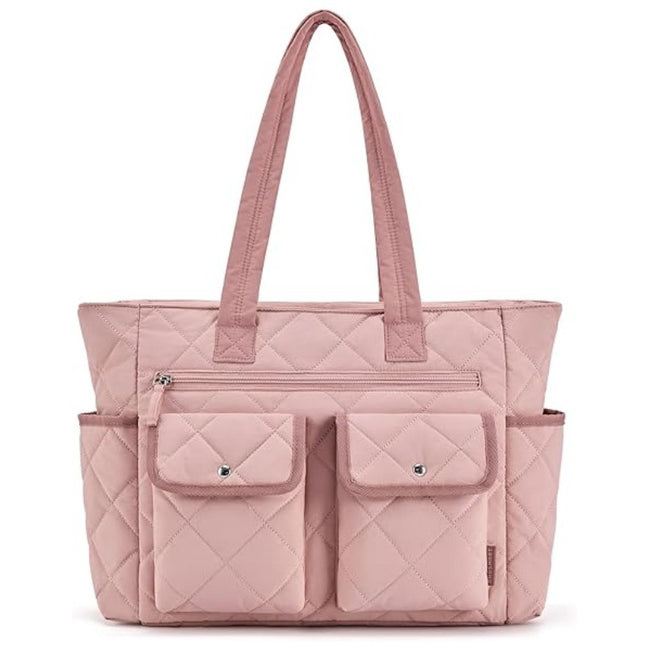 Pink Women's Multi-Pocket Tote Bag - Large Quilted Travel Handbag for Work, Gym, and More.