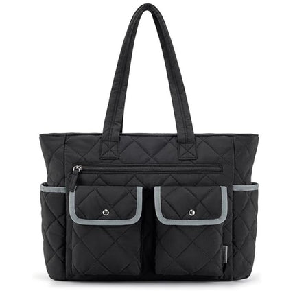 Black Women's Multi-Pocket Tote Bag - Large Quilted Travel Handbag for Work, Gym, and More.