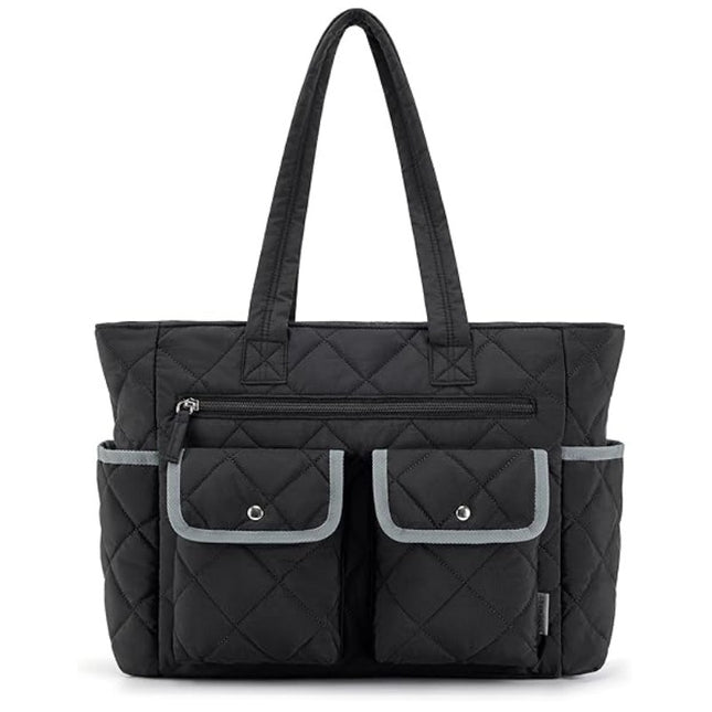 Black Women's Multi-Pocket Tote Bag - Large Quilted Travel Handbag for Work, Gym, and More.