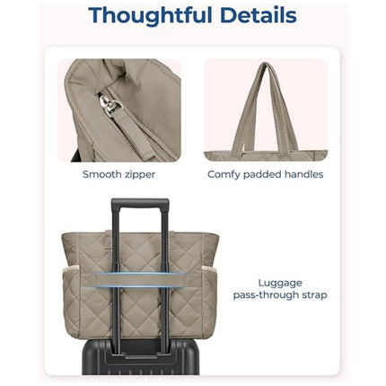 Black Women's Multi-Pocket Tote Bag - Large Quilted Travel Handbag for Work, Gym, and More.