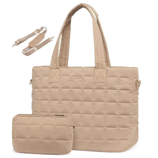 Khaki New Large Capacity Tote Bag - Fashionable Quilted Women's Shoulder Bag and Laptop Bag.