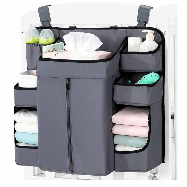 Dark grey Foldable Baby Crib Storage Hanging Bag - Large Capacity Organizer for Cribs and Changing Tables.