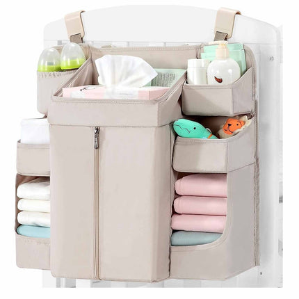 Beige Foldable Baby Crib Storage Hanging Bag - Large Capacity Organizer for Cribs and Changing Tables.