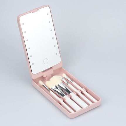 2-Piece Pink Portable LED Makeup Mirror with Brush - Foldable, Rotatable, and Rechargeable Travel Vanity Mirror.