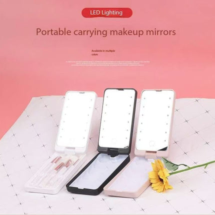 2-Piece Pink Portable LED Makeup Mirror with Brush - Foldable, Rotatable, and Rechargeable Travel Vanity Mirror.