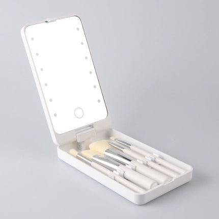 2-Piece White Portable LED Makeup Mirror with Brush - Foldable, Rotatable, and Rechargeable Travel Vanity Mirror.