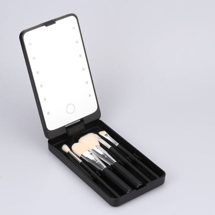 2-Piece Black Portable LED Makeup Mirror with Brush - Foldable, Rotatable, and Rechargeable Travel Vanity Mirror.