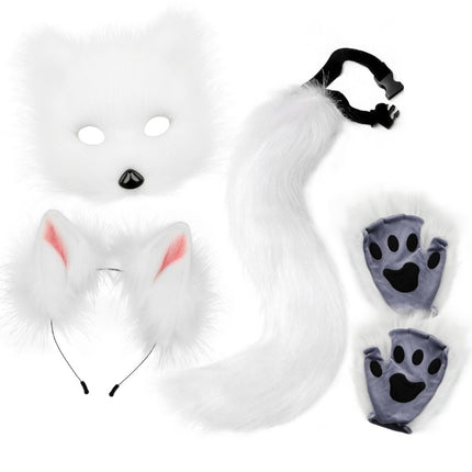 White Halloween Furry Fox Costume Set - Plush Mask, Ears Headband, Tail, and Paws for Cosplay.
