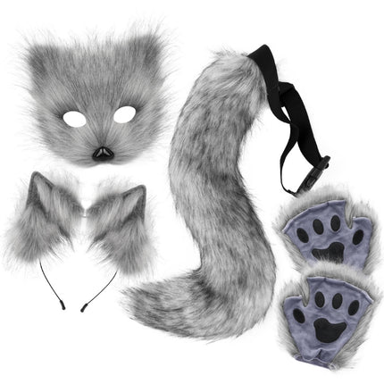 Dark grey Halloween Furry Fox Costume Set - Plush Mask, Ears Headband, Tail, and Paws for Cosplay.