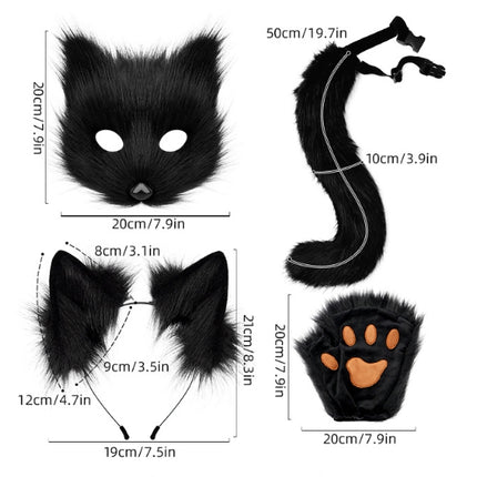 Dark grey Halloween Furry Fox Costume Set - Plush Mask, Ears Headband, Tail, and Paws for Cosplay.
