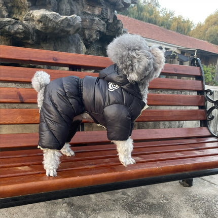 Black Warm Puffer Dog Coat - Waterproof Four-Legged Winter Jumpsuit for Small Dogs.
