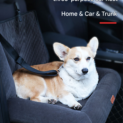 Black Plush Dog Car Booster Seat - 2-in-1 Travel Bed for Small Dogs with Washable Cover.