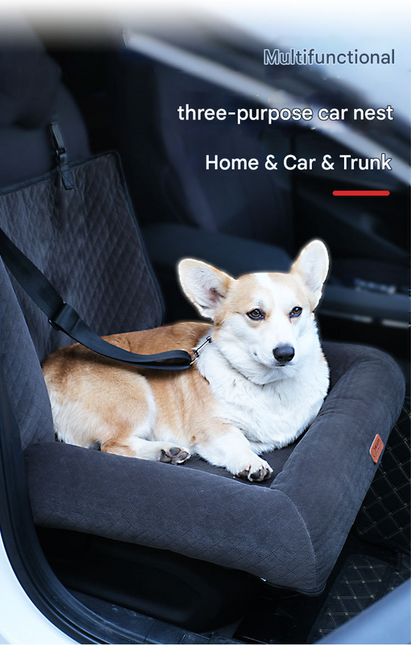 Navy blue Plush Dog Car Booster Seat - 2-in-1 Travel Bed for Small Dogs with Washable Cover.