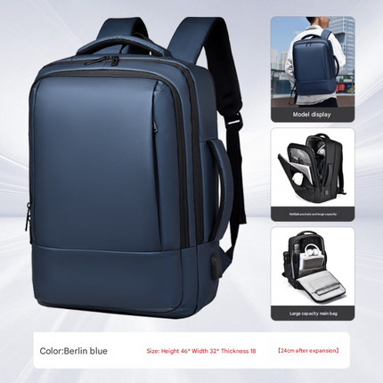 Blue Expandable Business Laptop Backpack with USB Charging Port - Large Capacity Work & Travel Bag for 15.6 Inch Laptops.