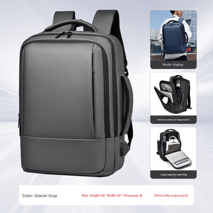 Grey Expandable Business Laptop Backpack with USB Charging Port - Large Capacity Work & Travel Bag for 15.6 Inch Laptops.