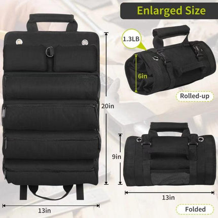 Black Heavy-Duty Roll-Up Tool Bag Organizer - Waterproof 1200D Fabric with 6 Pockets & Detachable Pouches.