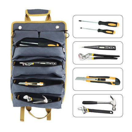 Black Heavy-Duty Roll-Up Tool Bag Organizer - Waterproof 1200D Fabric with 6 Pockets & Detachable Pouches.