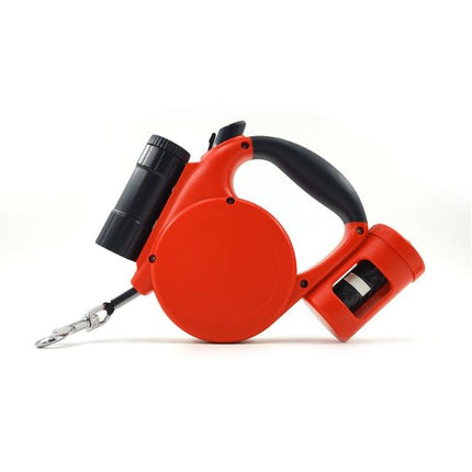 Red 3-in-1 Retractable Dog Leash with LED Flashlight & Poop Bag Dispenser | Heavy Duty Tangle-Free Leash for Safe Night Walks.