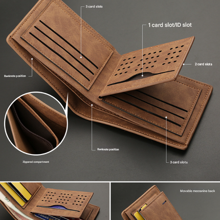 2-Piece Black Men's Vintage Style Bifold Wallet | High-Capacity PU Leather with Removable Card Holder & Zip Coin Pocket.