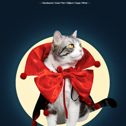 Orange Regal Vampire Pet Cape | Halloween & Christmas Costume Cloak with Bow & Pom-Poms for Dogs and Cats(Size M).