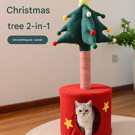 Festive Christmas Tree Cat Scratcher & Condo | 2-in-1 Sisal Post with Cozy Hideaway Bed.