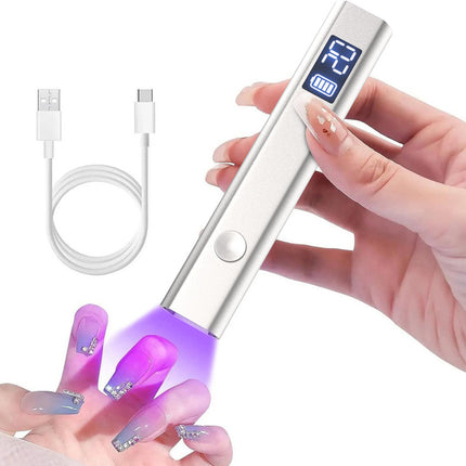 Silver Handheld UV LED Nail Curing Pen - Portable USB-C Rechargeable Light for Fast-Drying Gel Polish & Nail Art.